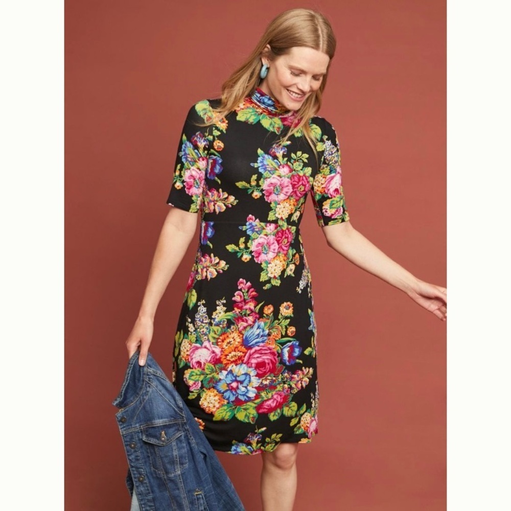 Ett Twa Anthropologie Women's Coreyell‎ Floral Jersey Turtleneck Dress